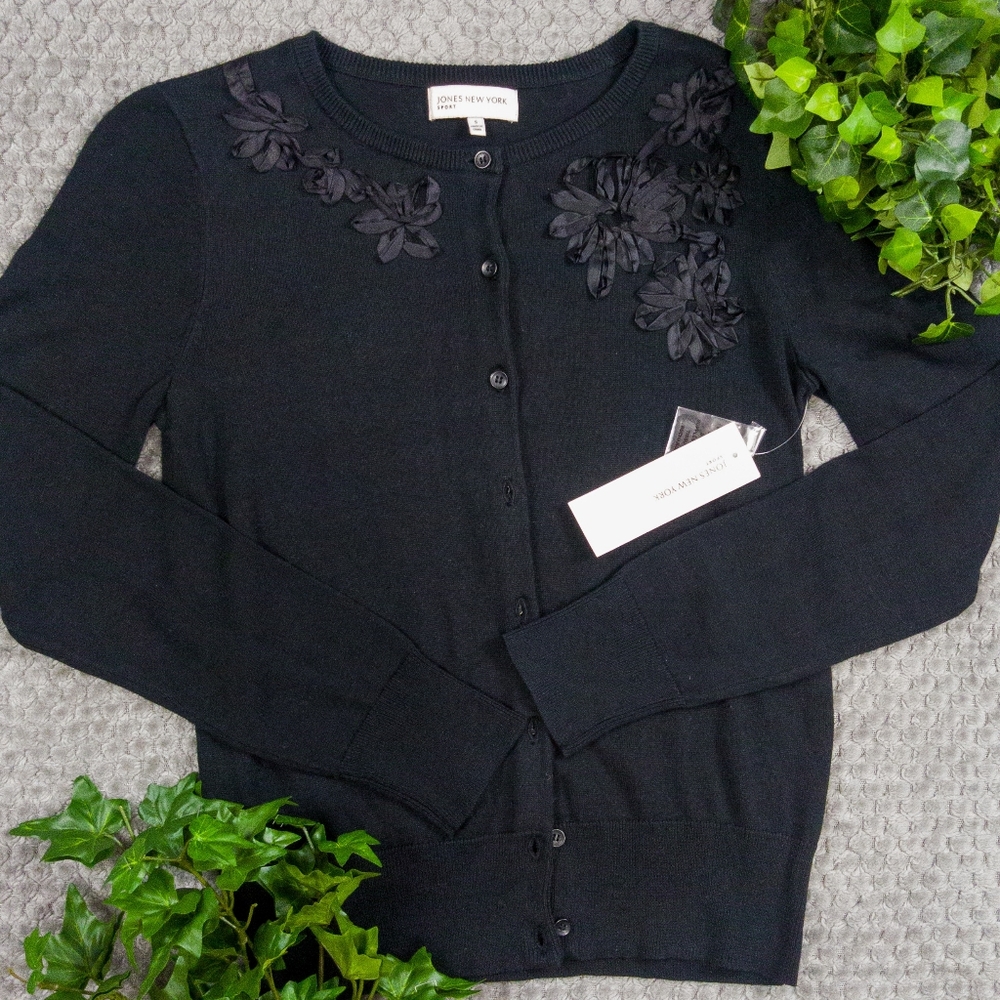 Jones New York Sport Black Floral Buttoned Sweater